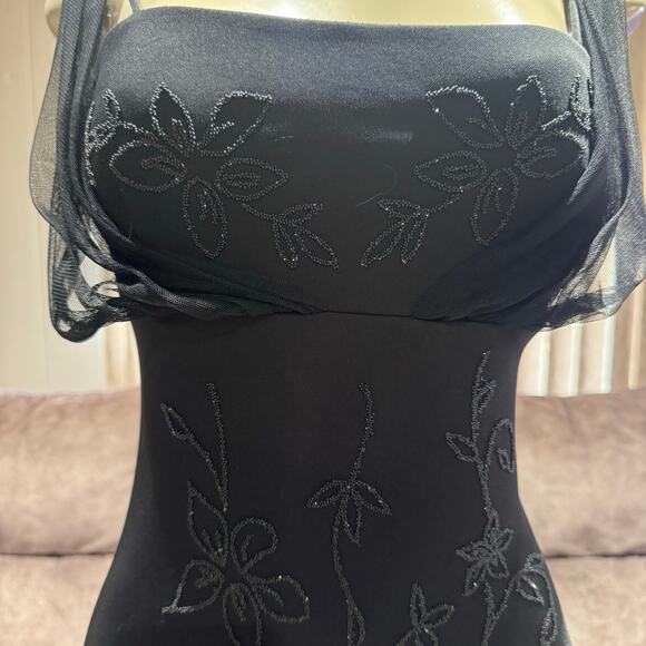 Vtg Betsy&Adam Black Embroidered Flowers Dress Mesh Grunge Fairy Whimsigoth Y2K - Picture 4 of 10